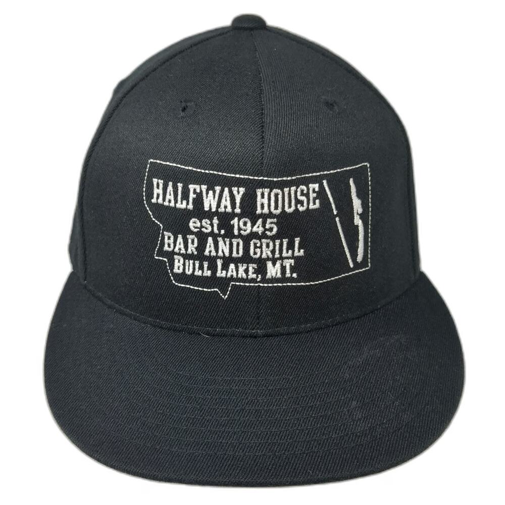 210 Fitted Baseball Cap Black 7 5/8 Halfway House Bar Grill Bull Lake MT Hat